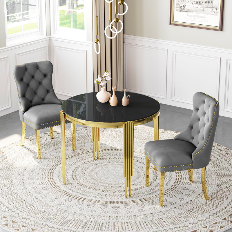 37"Modern Glass Dining Table Set, Irregular Stainless Steel Table Legs And Velvet Tufted Backrest Chairs, Black, Gray/Gold