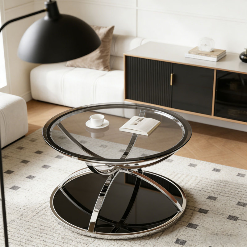 Table basse moderne en verre 31,50 "avec 2 niveaux, Argent