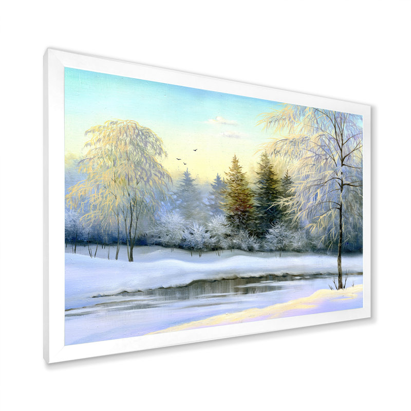 «Beautiful Winter River Landscape Pendant Sunset», art mural sur toile, H 16 po x l 32 po, Cadre photo blanc