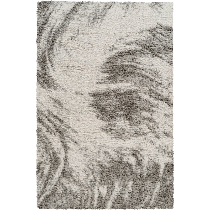 Serene Ivory & Gray Abstract Shag Modern Rug, Ivory/Gray, 7'8" x 10'2"