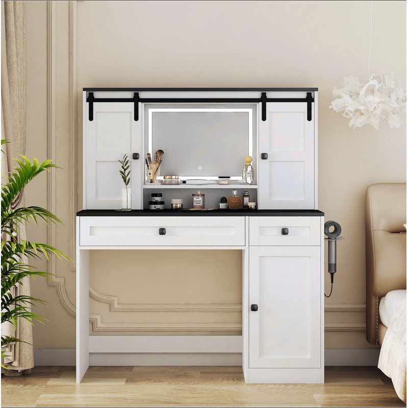 Table de maquillage Farmhouse, coiffeuse de 43 po de largeur avec miroir éclairé et tiroir de maquillage, grande coiffeuse moderne avec porte-séchoir pour chambre à coucher