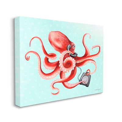 «Red Ombre Octopus Tentacles Retro Rotary Téléphone» par Amelie Legault - reproduction d'art sur toile tendue