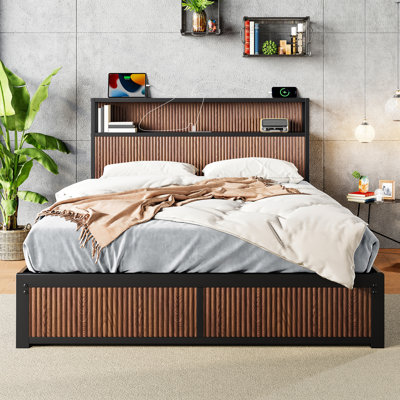 Brown Engineered Hardwood, Queen Bed Frame, Extra - Large Storage Drawers, Chic Headboard, Bedside Socket, Bedroom American Design Frame With Large Raised Pattern, Four Drawers And For Decor