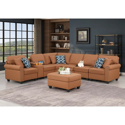 Gina Artificial Leather Modular Sectional Sofa with ottoman and cupholder console