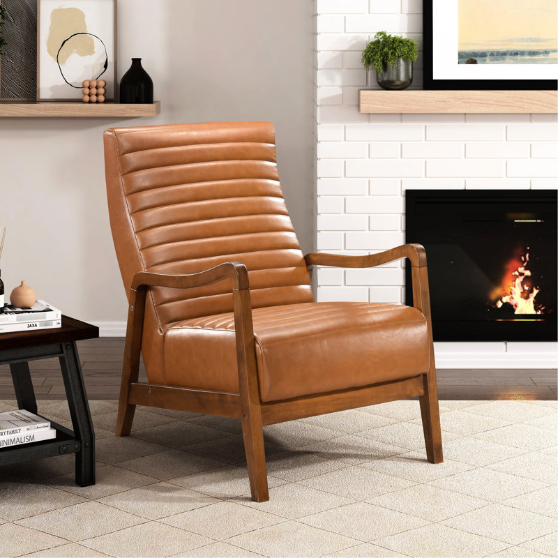 Chaise de salon moderne avec similicuir brun et bois d'hévéa au fini noyer