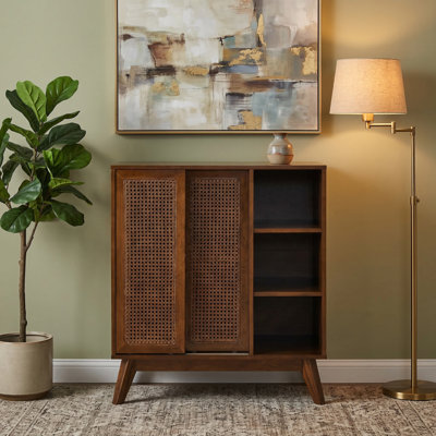 Mid-century Modern Rattan Sideboard Cabinet – Buffet With Adjustable Shelves & Solid Wood Feet For Living Room, Dark Wood