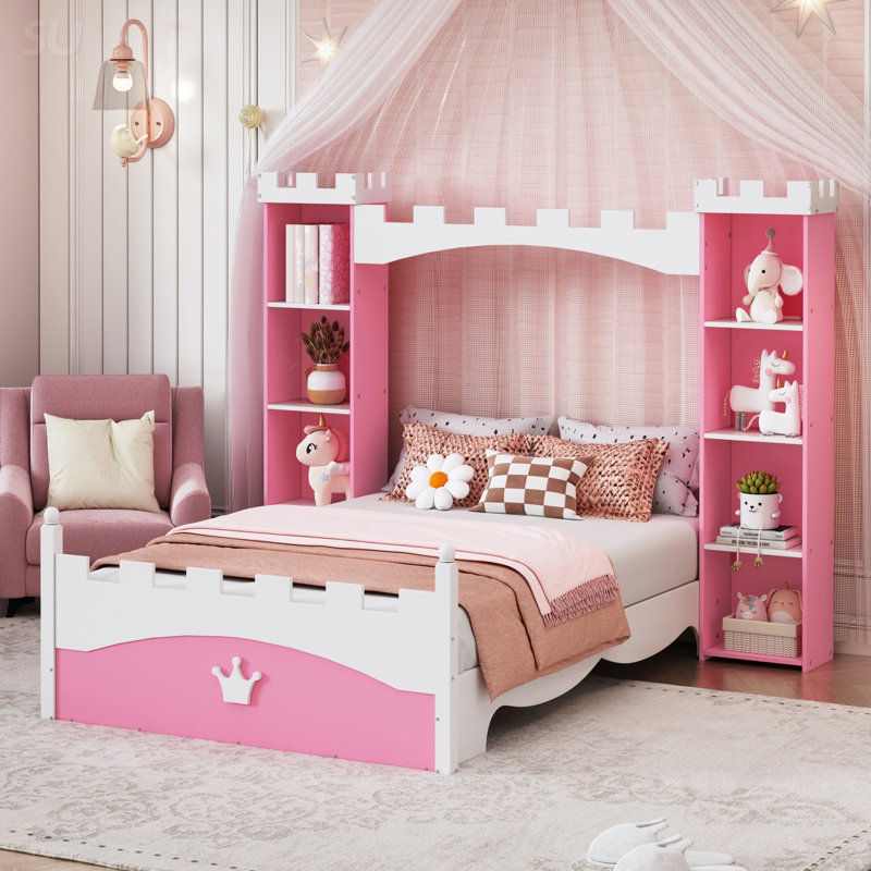 Lit en bois en forme de château avec tablette de rangement, lit plateforme Dreamy, Rose/Blanc