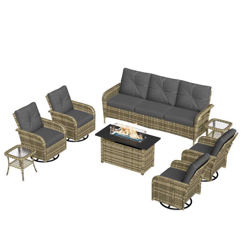 Ensemble de conversation de patio extérieur en osier 8 pièces avec des chaises pivotantes et des poufs, Gris, Jaune