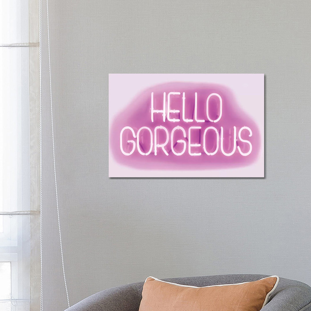 Neon Hello Gorgeous Pink On White by Hailey Carr - Wrapped Canvas Print
