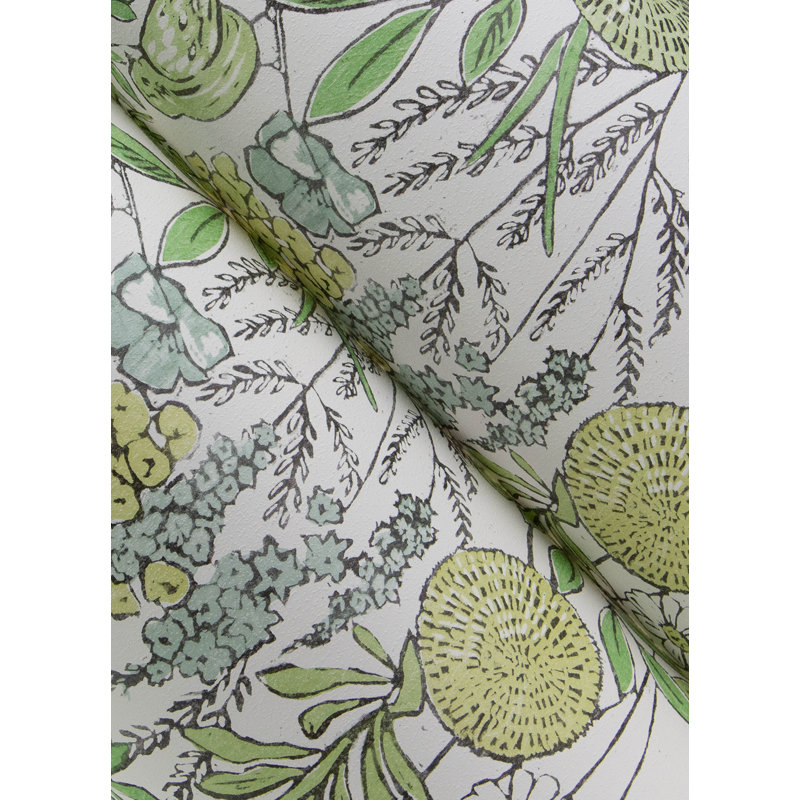Papier peint chardonneret turquoise oiseaux et fleurs, Vert
