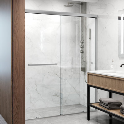 Porte coulissante double encadrée en chrome avec verre transparent Satro l 56 à 60 po x H 74 po
