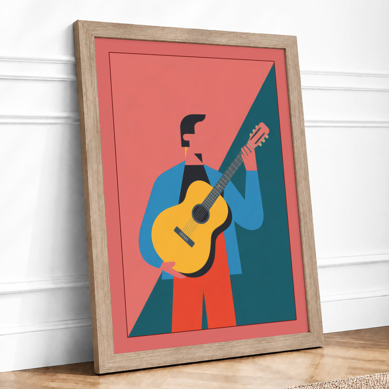 Figure with Guitar Mid-Century - Framed Print, Oak, A3 - 42.0 x 29.7 cm