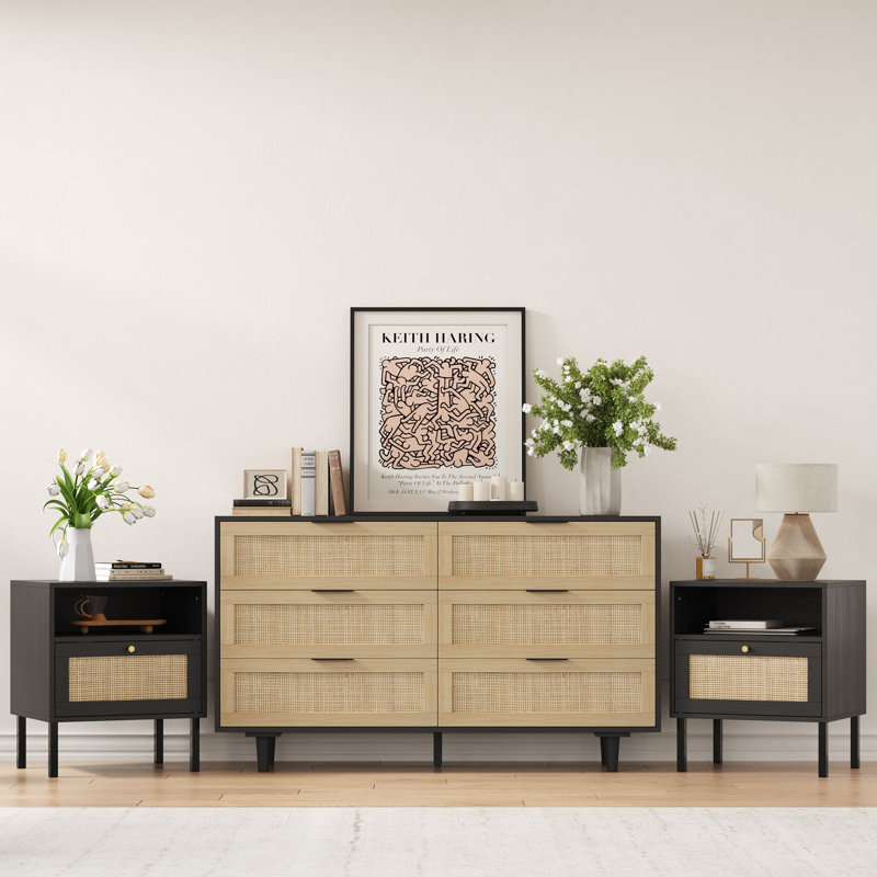 Ensemble de chambre à coucher 3 pièces, commode 6 tiroirs et table de chevet 51 po Aimara, Noir