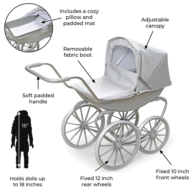 Executive Gray and White Metal Doll Pram with Canopy