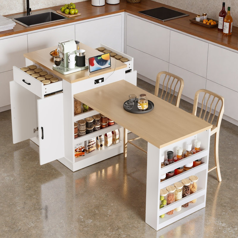 Îlot extensible avec prise de courant, tiroirs, rangement double et tablettes ouvertes