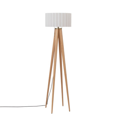 Quattro Floor Lamp with White Linen Drum Shade, Natural Ash Steel Body & Base, Socket Zipper Switch, 61" Height, Modern Style