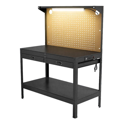 Établi robuste de 48 po avec barre d'alimentation, table de travail de garage d'une capacité de 620 lb avec panneau perforé, 30 crochets, tiroirs et tablettes de rangement pour atelier
