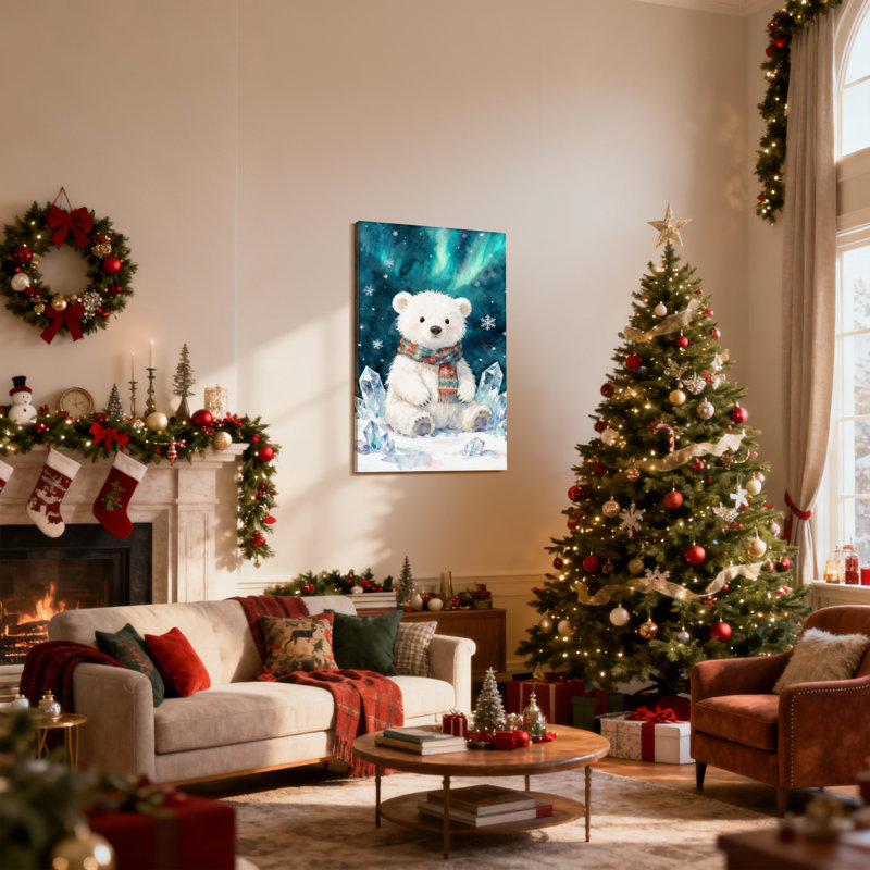Ours polaire de Noël avec écharpe et aurores boréales, ensemble de 3 impressions sur toile, H 24 po x l 16 po