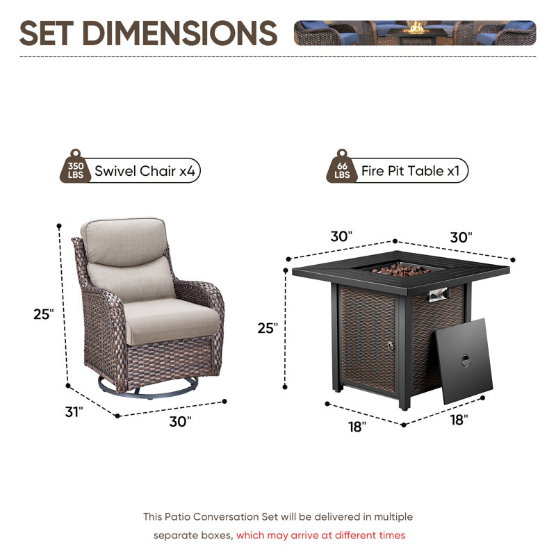 Ensemble de conversation d'extérieur pivotant en osier 4 personnes avec table carrée en métal Simino, Beige, Brun