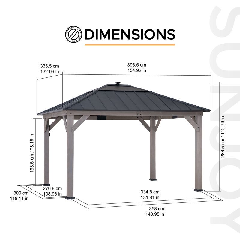 Sunjoy 11’ x 13’ Grayden Wood Gazebo, Outdoor Patio Solar Powered Hardtop Gazebo with One-Tier Metal Roof, LED Light  and Ceiling Hook