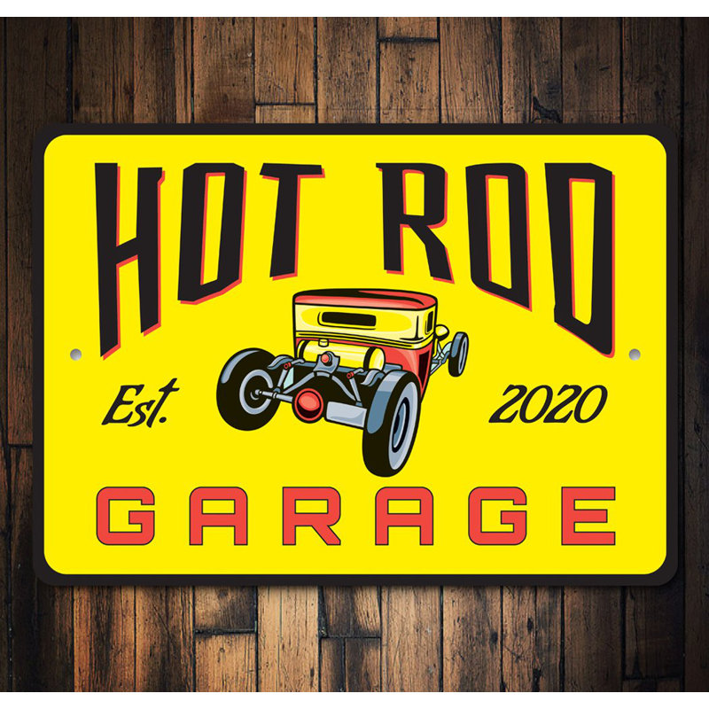 Hot Rod Garage Established Year Aluminum Sign, 12" H x 18" W x 0.06" D
