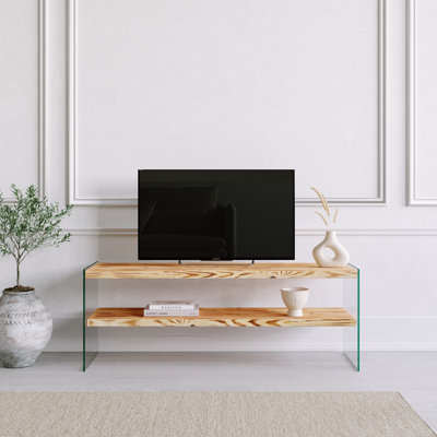 Modern Oak TV Stand with Tempered Glass, 47.2 x 17.7 x 13.8 inches | 100% Pine Solid Wood | 20 lbs Weight Capacity per Shelf | Wall-Mountable Design | Scandinavian Style, Multiple Shelves for Storage & Display