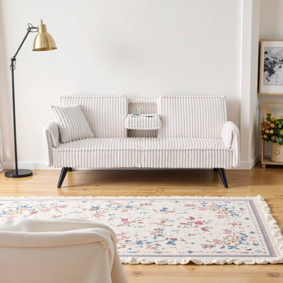 White Corduroy Convertible Sofa Bed - Minimalist 2-Seater with Cup Holders & Adjustable Backrest