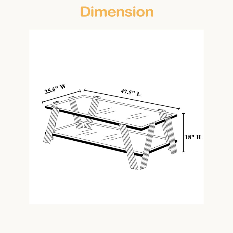 Table basse rectangulaire moderne en acier inoxydable de 47,5 po de largeur, table basse en verre trempé transparent à deux couches, table centrale avec rangement