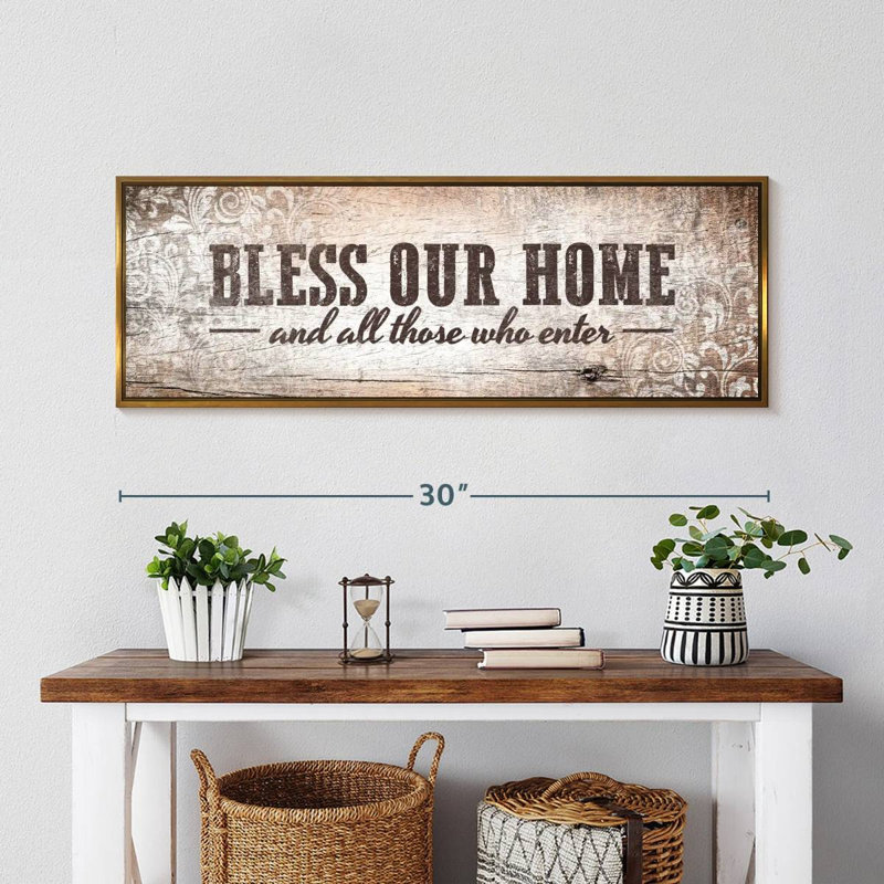 Plaque murale «Bless Our Home», Cadre flottant doré, 31 po x 11 po