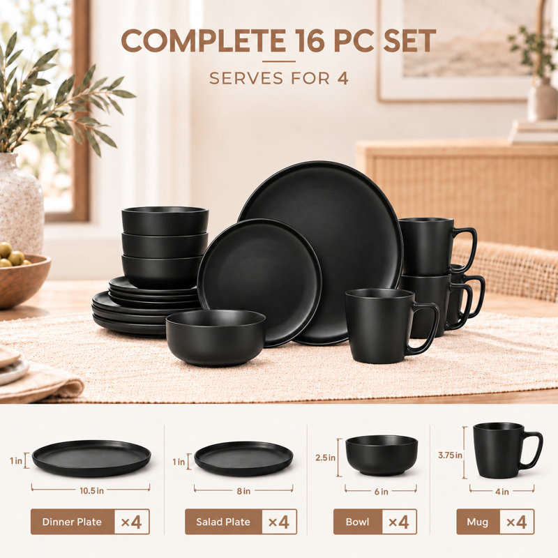 Service de vaisselle 16 pièces pour 4 personnes | Ensemble de grandes tasses, assiettes à salade et bols, plats de haute qualité résistants aux ébréchures et aux fissures, va au lave-vaisselle et au micro-ondes, noir mat