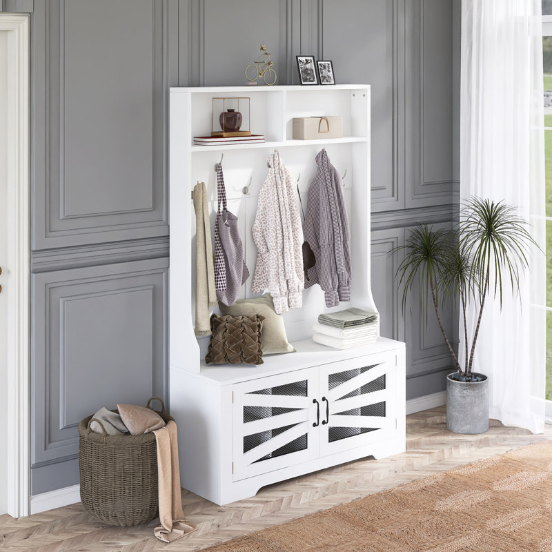 Arbre d'entrée 43,3 po de largeur 3-en-1 avec banc et rangement pour chaussures, Blanc