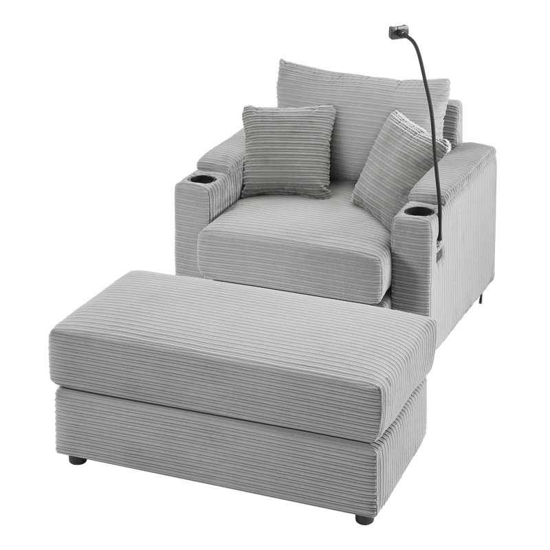 41.7" Modern Style Single Sofa Sofa Couch With Storage Space, A Movable Ottoman, Two USB Ports, Two Cup Holders, A Phone Holder For Living Room, Grey