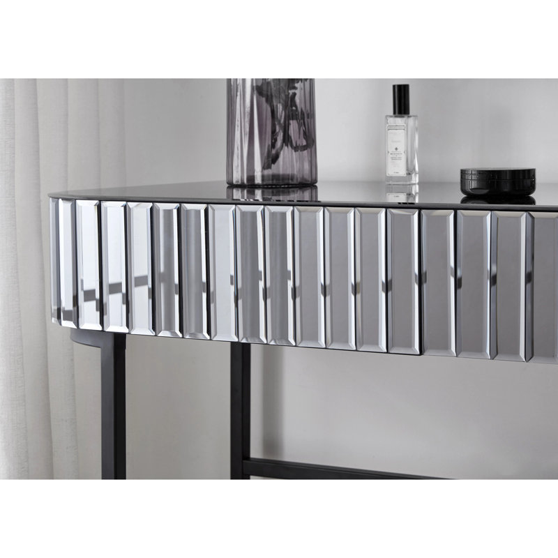 39" Mirrored Makeup Vanity Table with Stainless Steel Base, Mirrored Console Dressing Table with 2 Drawers,Versatile Desk for Bedroom and Office, Grey