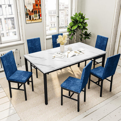 Ellice Modern Dining Room Table and Chairs Set for 6, 7-Piece Kitchen Dining Table Set with 6 Chairs & Table, Faux Marble Dining Table Set with MDF Broad & Metal Frame for Apartment, Dining Room