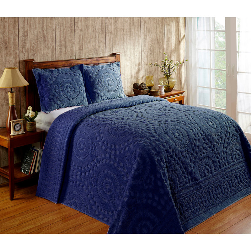 Couvre-lit touffeté 100% coton chenille Rio, conception à médaillon traditionnel, couvre-lit toutes saisons respirant doux et lavable à la machine, certifié OEKO-TEX, très grand, bleu marine
