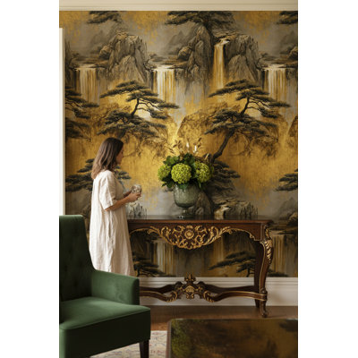 Waterfall Landscape Wallpaper Gold Trees Wall Mural