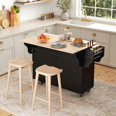 Rolling Kitchen Island On Wheels Utility Cart With Drop-Leaf And Rubber Wood Countertop, Storage Drawers, Door Cabinets, Black