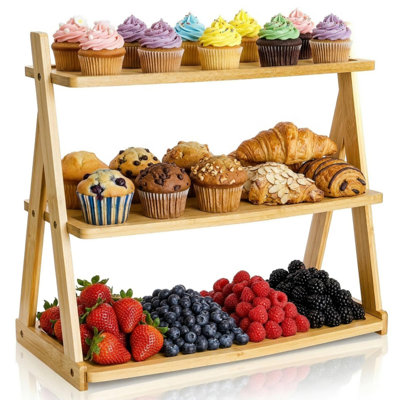 Plateau de service en bambou à 3 niveaux, support à petits gâteaux à étages, plateau de service rectangulaire à plateaux, présentoir à fruits, plateaux décoratifs de style campagnard pour apéritifs, collations, desserts, couleur bambou