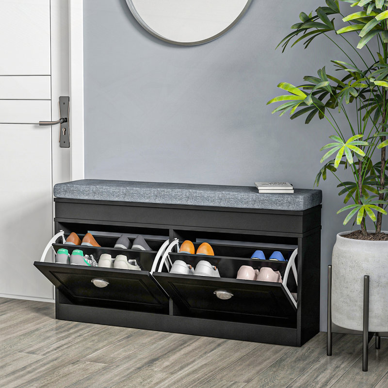 Banc à chaussures moderne avec coussin, tiroirs et tablette réglable, Noir