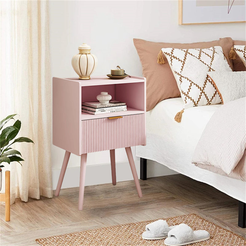 Modern Nightstand With Storage Drawer – Compact & Stylish, Pink