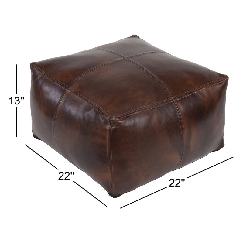 Pouf carré en cuir véritable de 22 po de largeur Galya, Cuir véritable brun foncé