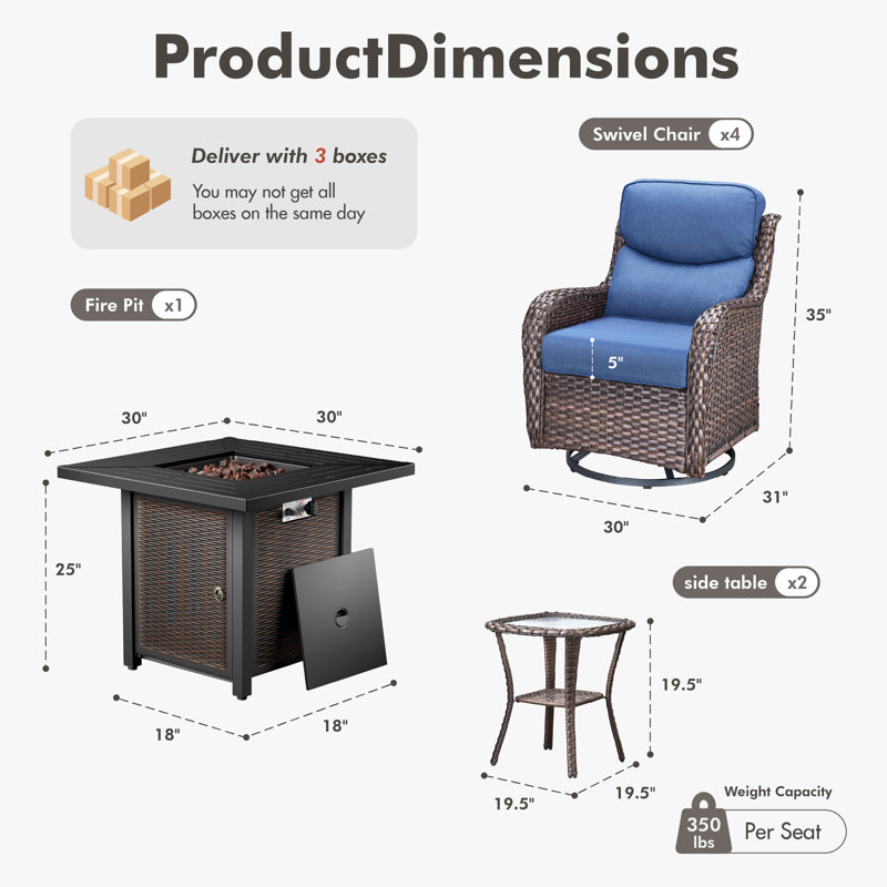 Ensemble de sièges d'extérieur en osier pour 4 personnes avec chaises pivotantes et table d'appoint, Bleu, Brun