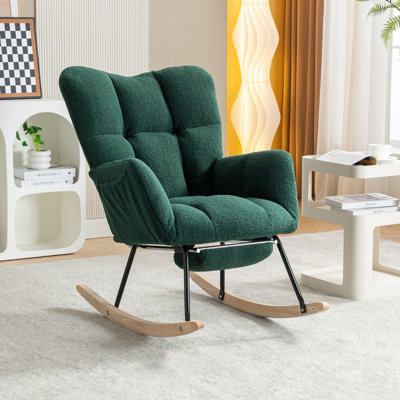 Chaise berçante de loisir en tissu avec repose-pieds réglable, fauteuil berçant de chambre de bébé, dossier haut, poche de rangement sur le côté droit, base en bois massif et métal, vert