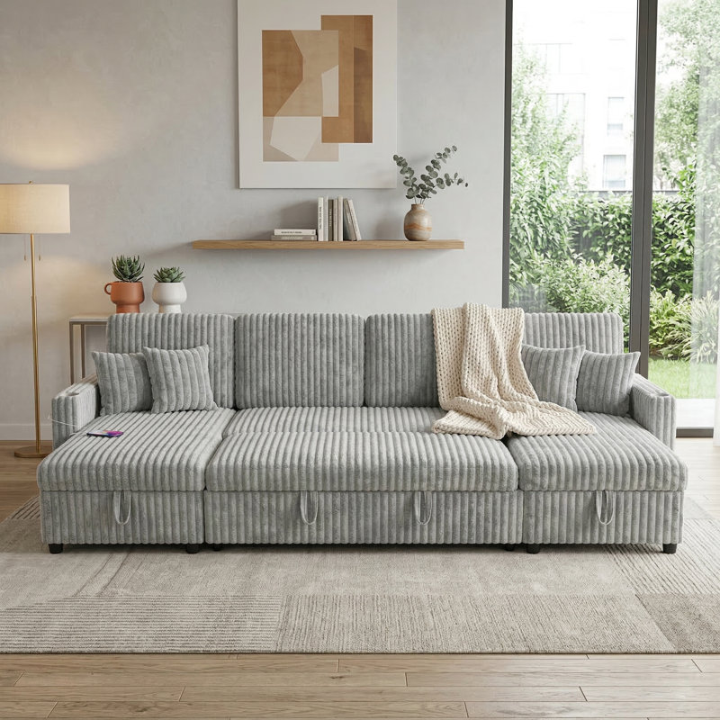 110.6" Oversized U-Shaped Sectional Sleeper Sofa Bed, Corduroy Upholstered Couch with 2-in-1 Pull-Out Bed & Double Storage Chaise for Living Room，gray