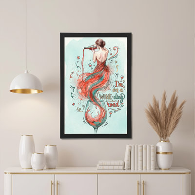 Wine Doodle Mermaid With Glass And Text Canvas Wrapped Wall Art Oil Painting Print Set Of 1