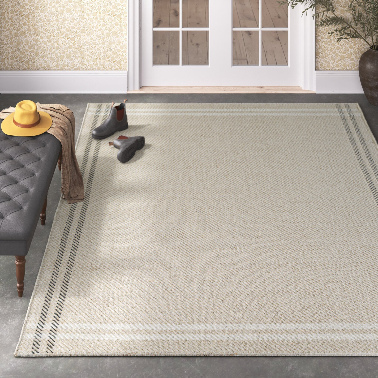 Lavande Wool Area Rug in Ivory/Black/Beige, Rectangle 8' x 10'