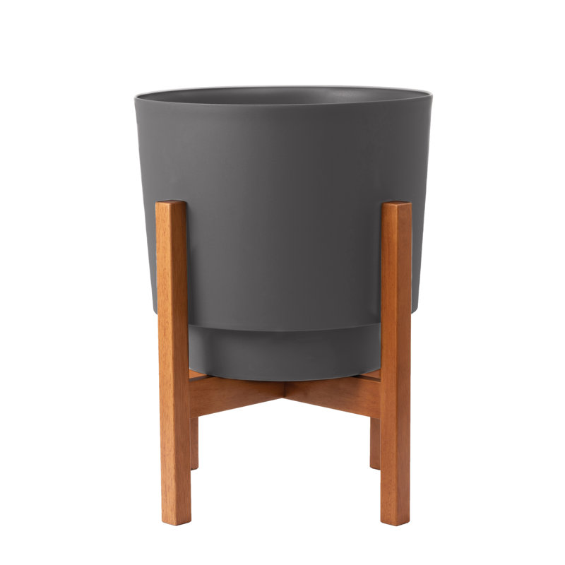 Ebern Modern Resin Pot Planter with Wooden Stand, 16" H x 12" W x 12" D, Charcoal Gray