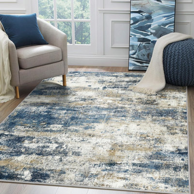 Carpettes 5 x 8 pour la chambre à coucher du salon, tapis moderne lavable à la machine, grand tapis doux à poils courts avec envers antidérapant pour la salle à manger, bleu marine beige