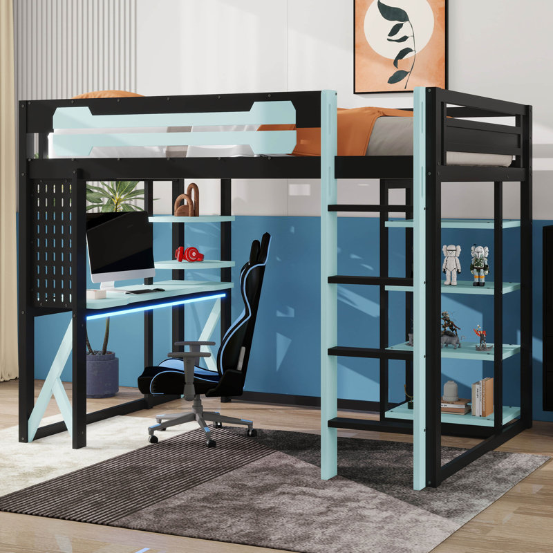 Lit mezzanine double en bois avec bureau intégré, tablettes, prise de courant et connectivité USB / Type-C, plus éclairage RVB