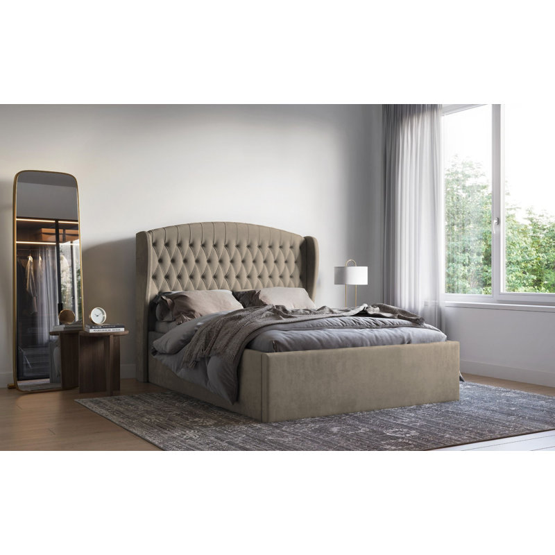 Medau Velvet Upholstered Bed Frame - Padded Headboard, Chrome Feet, Double (4'6), Coffee